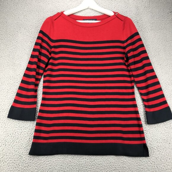 TOMMY HILFIGER Top Womens SMALL Red Blue Stripe Knit 3/4 Sleeve Button Shoulder - Picture 1 of 13